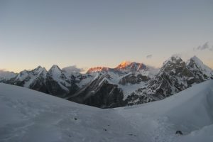View of sunset over Everest from Mera Peak High Camp . Image by J Brine