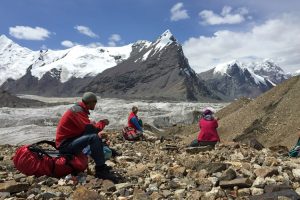 View of Pesnya Abaya Peak on trek to South Inylchek Base Camp.